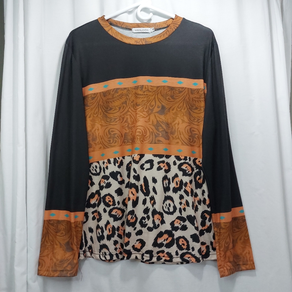 MissLook Women’s Long Sleeve‎ Western Style Cheetah Print Long Sleeve Top XL